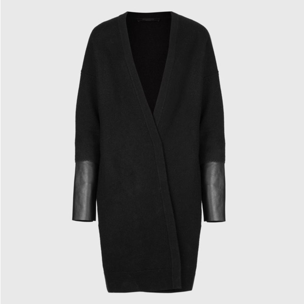 ALLSAINTS All Saints Essy Leather Cuff Trim Merino Wool Black Sweater Cardigan - Picture 3 of 12